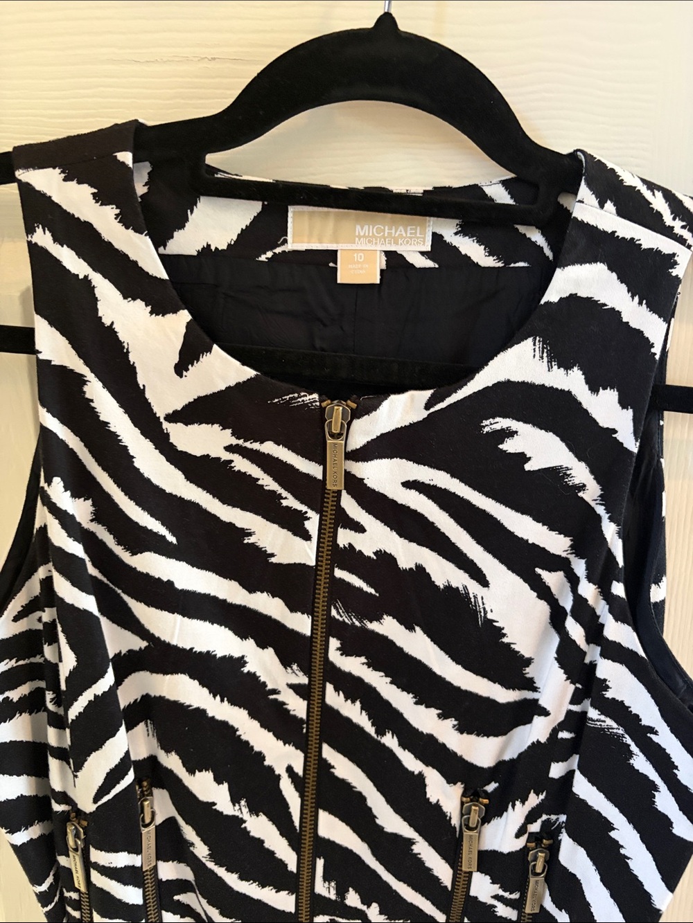 MICHAEL Michael Kors Black and White Zebra Print Dress with Gold Zippers